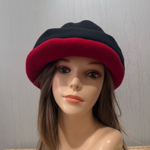 Peter James Wool Cashmere Blend Cloche Hat Black Red Trim - Picture 2 of 14
